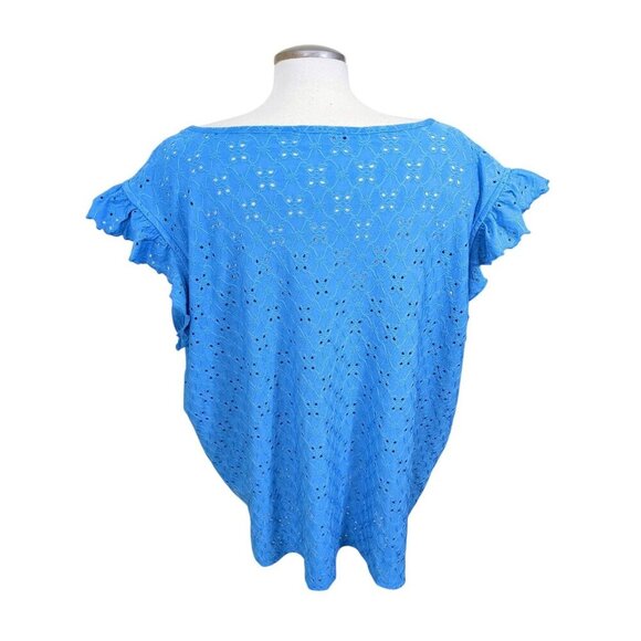Womens Plus Size 3X Eyelet Flutter Short Sleeve Top Blouse Aqua Blue Feminine - Picture 4 of 7